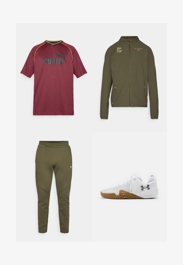 Olive green athletic jacket with high collar, full front zipper, side pockets, and printed logos in white and orange. Made of lightweight material.; Maroon sports jersey made of breathable fabric, featuring short sleeves, a V-neck, black Puma logo, and yellow accents along the neckline.; Olive green sweatpants with a tapered fit, elastic waistband, and a small white logo on the left side. Soft fabric with a smooth texture.; White athletic shoes featuring a mesh upper, rubber outsole with a gum color, textured accents, and a black logo on the side.