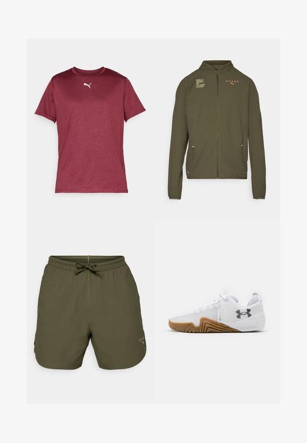 Olivově zelená sportovní bunda s vysokým límcem, plným předním zipem, postranními kapsami a potištěnými logy v bílé a oranžové barvě. Vyrobena z lehkého materiálu.; Bordó krátký rukáv tričko vyrobené z hladké tkaniny, které má bílé logo Puma na hrudi a žebrovaný kulatý výstřih.; Olivově zelené sportovní šortky vyrobené z lehkého materiálu, se skládacím pasem a šňůrkou, a s malým logem na boku.; Bílé sportovní boty svršek z prodyšné síťoviny, gumová podrážka v barvě gumy, texturované detaily a černé logo na boku.
