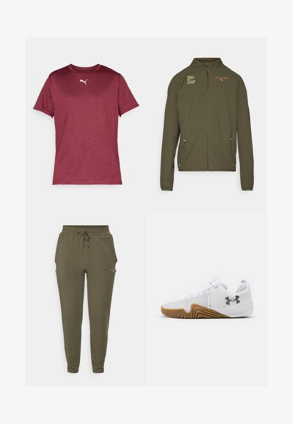 Olivgrüne Sportjacke mit hohem Kragen, durchgehendem Reißverschluss, Seitentaschen und aufgedruckten Logos in Weiß und Orange. Aus leichtem Material gefertigt.; Bordeauxrotes T-Shirt mit kurzen Ärmeln aus glattem Stoff, das ein weißes Puma-Logo auf der Brust sowie einen gerippten Rundhalsausschnitt aufweist.; Olivgrüne Sweatpants mit elastischem Bund und verstellbarem Kordelzug, schlank geschnitten und mit dezentem Logo in der Nähe der Tasche.; Weiße Sportschuhe mit einem Obermaterial aus Mesh, einer Gummisohle in Braun, strukturierten Akzenten und einem schwarzen Logo an der Seite.