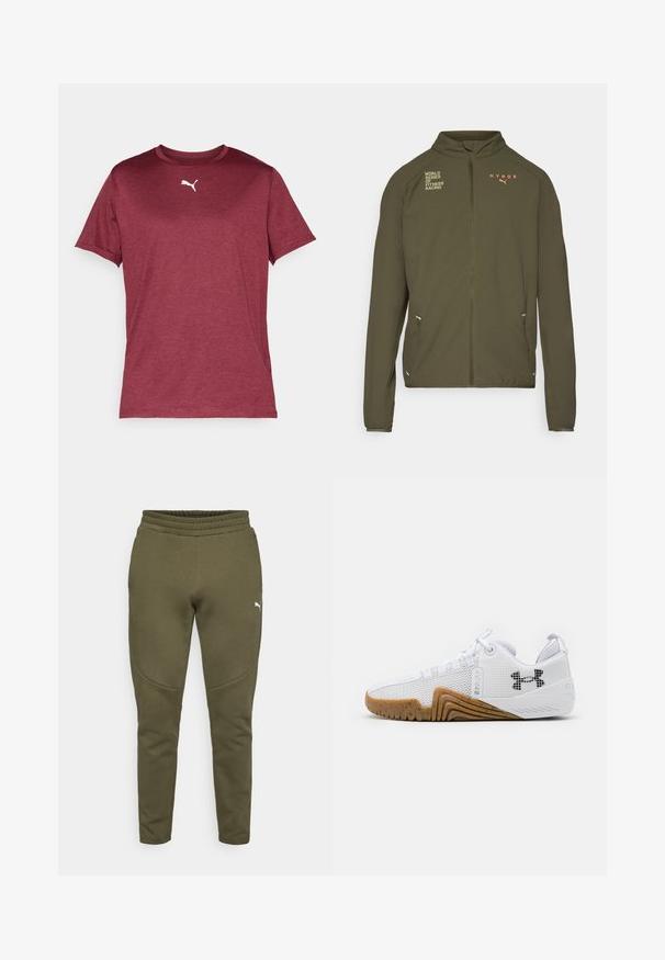 Olivengrøn træningsjakke med høj krave, fuld frontlynlås, sidelommer og trykte logoer i hvid og orange. Lavet af letvægtsmateriale.; Mereau korte ærmer t-shirt lavet af glat stof med et hvidt Puma-logo på brystet og en ribbet rund halsudskæring.; Olivengrønne sweatpants med en tætsiddende pasform, elastisk talje og et lille hvidt logo på venstre side. Blødt stof med en glat overflade.; Hvide atletik sko med mesh overdel, gummisål i gummifarve, teksturerede detaljer og en sort logo på siden.