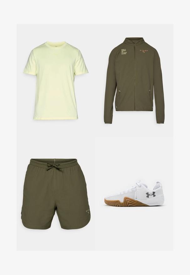 Olivově zelená sportovní bunda s vysokým límcem, plným předním zipem, postranními kapsami a potištěnými logy v bílé a oranžové barvě. Vyrobena z lehkého materiálu.; Světle žluté sportovní tričko vyrobené z měkké a lehké tkaniny. Má kulatý výstřih a krátké rukávy s jemným logem na hrudi.; Olivově zelené sportovní šortky vyrobené z lehkého materiálu, se skládacím pasem a šňůrkou, a s malým logem na boku.; Bílé sportovní boty svršek z prodyšné síťoviny, gumová podrážka v barvě gumy, texturované detaily a černé logo na boku.
