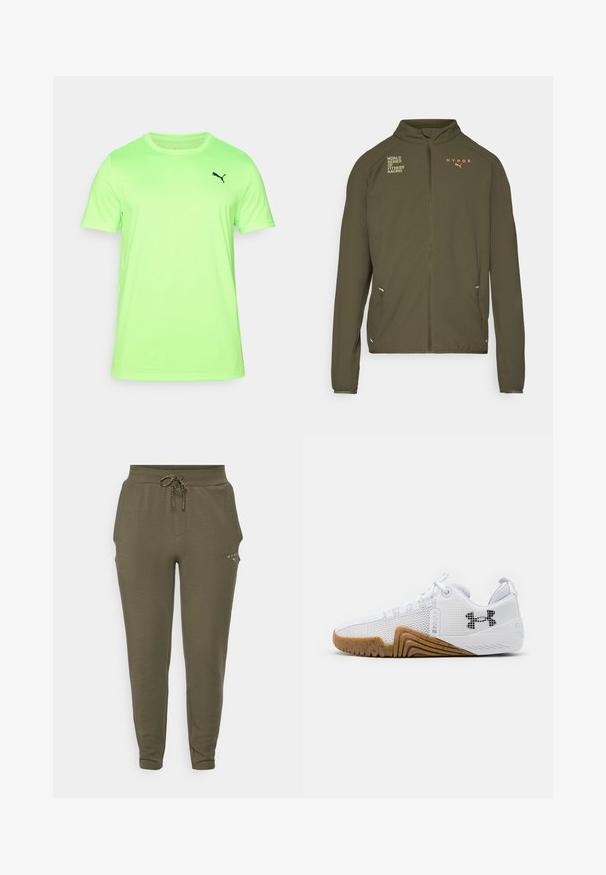 Oliivinvihreä urheilu takki, jossa on korkea kaulus, täysipituinen vetoketju, sivutaskut ja painetut logot valkoisena ja oranssina. Valmistettu kevyestä materiaalista.; Neon vihreä lyhythihainen t-paita, joka on valmistettu hengittävästä kankaasta. Paidassa on musta logo vasemmalla puolella rintaa ja pyöreä kaula-aukko.; Oliivivärvi dressipüksid elastse vöökoha ja reguleeritava paelaga, mis on slim-fit ja sisaldab peent logo tasku lähedal.; Valkoiset urheilukengät, joissa on verkkopinta, kumipohja gumminvärisenä, tekstiiliset yksityiskohdat ja musta logo sivussa.