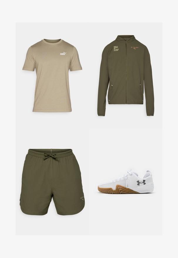 Olīvu zaļa sporta jaka ar augstu apkakli, pilnu priekšējo rāvējslēdzi, sānu kabatām un drukātiem logotipiem baltā un oranžā krāsā. Izgatavota no viegla materiāla.; Olivzaļš īsām piedurknēm T-krekls no mīksta auduma, ar apaļu kakla izgriezumu un mazu balto Puma logo uz krūšu daļas.; Olīvzaļi sporta šorti, izgatavoti no viegla auduma, ar elastīgu jostu un auklu, kā arī ar nelielu logotipa detaļu sānos.; Balti sporta apavi ar sietu augšdaļu, gumijas zoli ar gumijas krāsu, teksturētām akcentiem un melnu logo sānos.