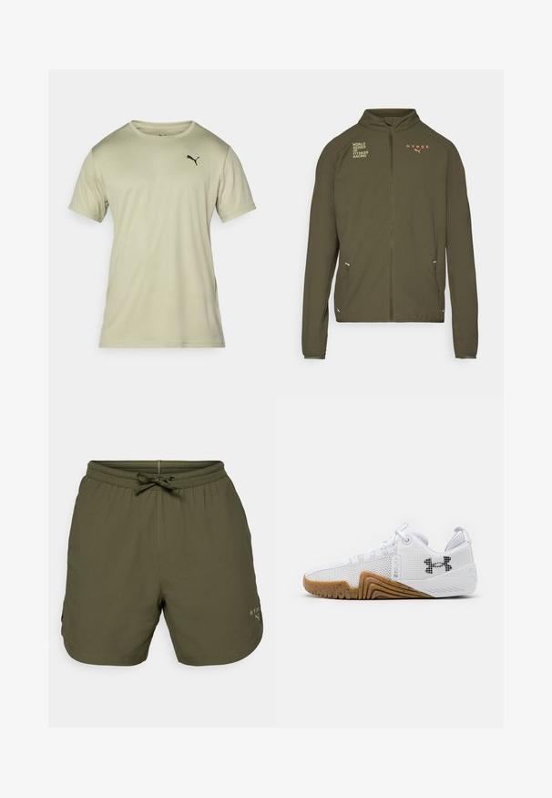 Olivově zelená sportovní bunda s vysokým límcem, plným předním zipem, postranními kapsami a potištěnými logy v bílé a oranžové barvě. Vyrobena z lehkého materiálu.; Světle zelené tričko s krátkým rukávem vyrobené z měkké látky, s kulatým výstřihem a malým černým logem Puma na hrudi.; Olivově zelené sportovní šortky vyrobené z lehkého materiálu, se skládacím pasem a šňůrkou, a s malým logem na boku.; Bílé sportovní boty svršek z prodyšné síťoviny, gumová podrážka v barvě gumy, texturované detaily a černé logo na boku.