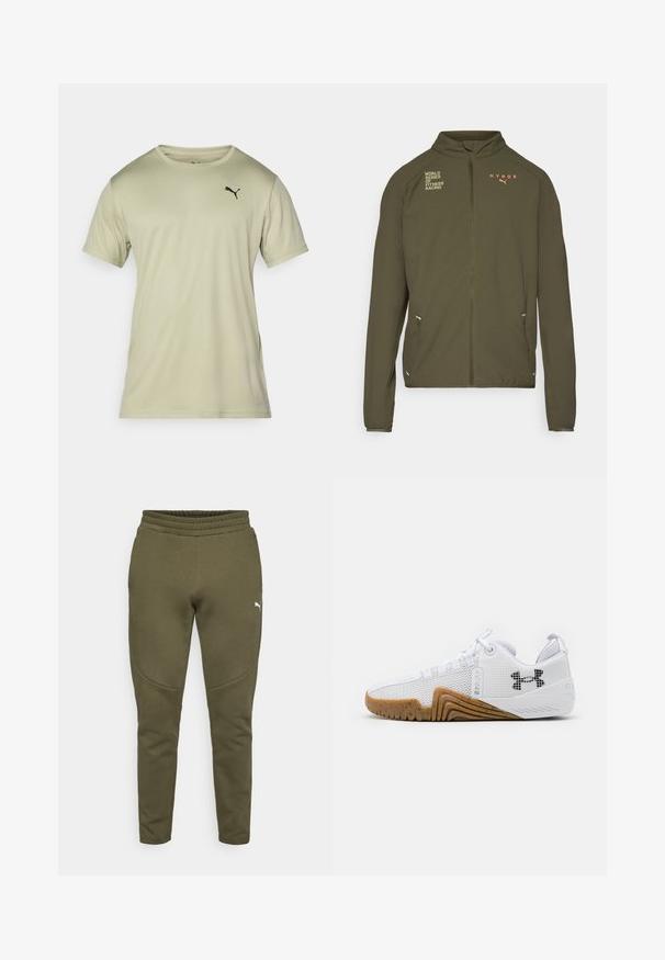 Olijfgroene sportjack met hoge kraag, volledige ritssluiting, zijzakken en bedrukte logo's in wit en oranje. Gemaakt van lichtgewicht materiaal.; Lichtgroene T-shirt met korte mouwen van zacht fabrick, voorzien van een ronde hals en een klein zwart Puma-logo op de borst.; Olijfgroene sweatpants met een taps toelopende pasvorm, elastische tailleband en een klein wit logo aan de linkerkant. Zachte stof met een gladde textuur.; Witte sportschoenen met een bovenwerk van mesh, rubberen buitenzool in een gomkleur, textuuraccenten en een zwart logo op de zijkant.