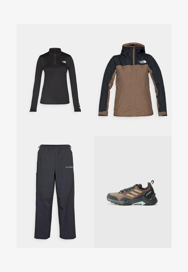 Barna és fekete szigetelt dzseki, cipzáros elülső résszel, állítható kapucnival és logóval a mellkasán. Simább textúra, hosszú ujjú, és elasztikus mandzsetták.; The North Face FLEX 1/4 ZIP GRAPHIC - Hosszú ujjú felső - black; Fekete, könnyű kültéri nadrág, rugalmas derékrésszel, oldalzsebekkel és logóval a jobb oldali comb felső részén. Simal, vízlepergető szövet.; Barna és fekete kültéri tornacipő hálós és gumi anyagból, három csíkkal, textúrált talppal és türkizkék akcentussal a saroknál.