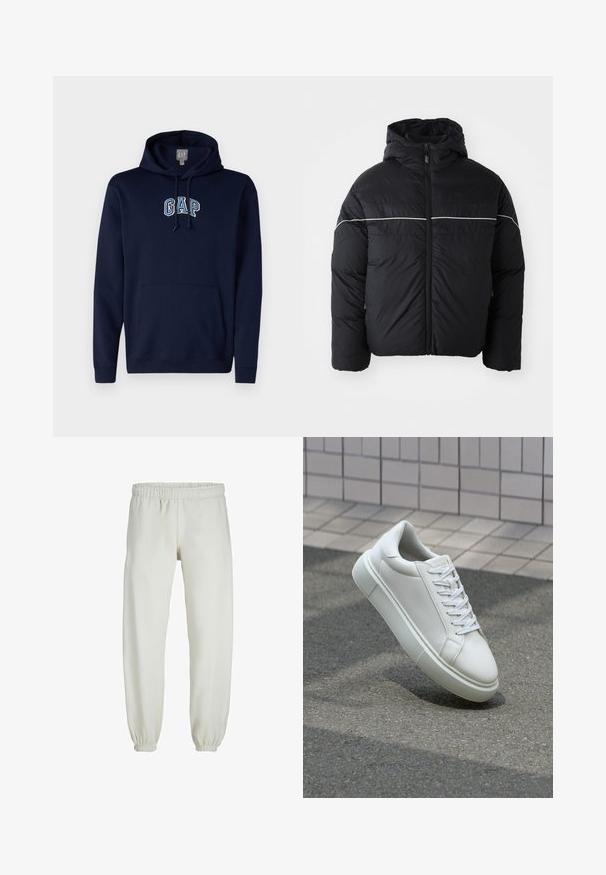Fekete bélelt dzseki kapucnival, elől cipzárral és fehér vízszintes csíkkal a mellkasán. Simaságú anyag matt felülettel.; GAP TONAL ARCH - Kapucnis pulóver - navy; Fehér melegítőnadrág, puha anyagból készült, rugalmas derékrésszel és mandzsettával, sima tapintású és laza szabású.; Fehér bőr sportcipő sima felülettel, kerek orral és lapos fehér fűzőkkel. Texturált gumitalppal és minimális dizájnelemekkel rendelkezik.
