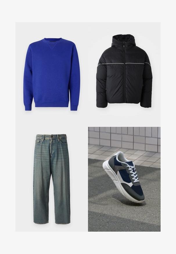 Fekete bélelt dzseki kapucnival, elől cipzárral és fehér vízszintes csíkkal a mellkasán. Simaságú anyag matt felülettel.; Kék pulóver, kerek nyakkivágással és bordázott mandzsettákkal. Puha anyagból készült, sima felülettel és diszkrét logóval a mellkason.; Világoskék farmernadrág, laza fazonnal, közepes derékbőséggel és egyenes szárral. Öt zsebet, övbucskát és gombos záródást tartalmaz.; Cipő, amelynek sötétkék hálós felsőrésze, szürke velúr díszítései, fehér gumitalpa és lapos fehér fűzője van, a kényelem és a légáteresztő képesség érdekében tervezve.