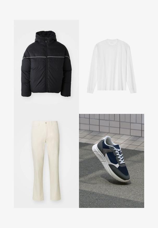 Čierna vypchávkovaná bunda s kapucňou, obsahujúca predný zips a biely horizontálny pruh cez hruď. Hladká tkanina s matným povrchom.; Dlhý rukáv, biela bavlnená tričko s okrúhlym výstrihom a rebrovanými manžetami. Jednoduchý, bezvýzdobový dizajn s hladkou textúrou a štandardným strihom.; Béžové bavlnené nohavice so strihaním rovného nohu, ktoré majú zapínanie na gombík a bočné vrecko. Hladká textúra a jednoduchý štýl.; Tenisky s sieťovinou v námorníckej modrej farbe, so sivými semišovými detailmi, bielou gumovou podrážkou a plochými bielymi šnúrkami, navrhnuté pre pohodlie a priedušnosť.