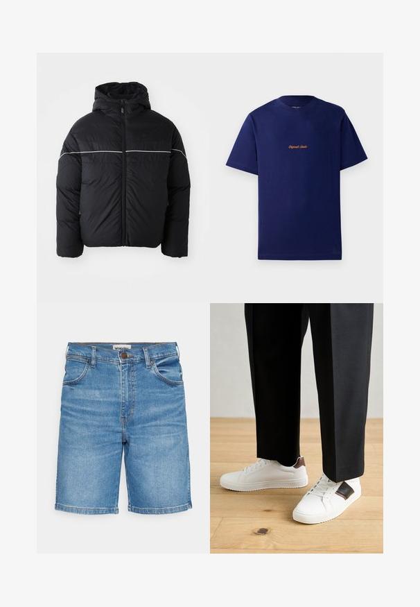 Black padded jacket with a hood, featuring a front zipper and white horizontal stripe across the chest. Smooth fabric with a matte finish.; Navy blue cotton t-shirt with short sleeves. Features a small, orange embroidered logo at the chest. Classic crew neck design.; Denim shorts in light blue with a straight fit, five pockets, and a top button closure. Features subtle fading and contrasting stitching.; White sneakers with smooth texture, featuring brown leather accents and black detailing, paired with black tailored pants. Wooden floor background.