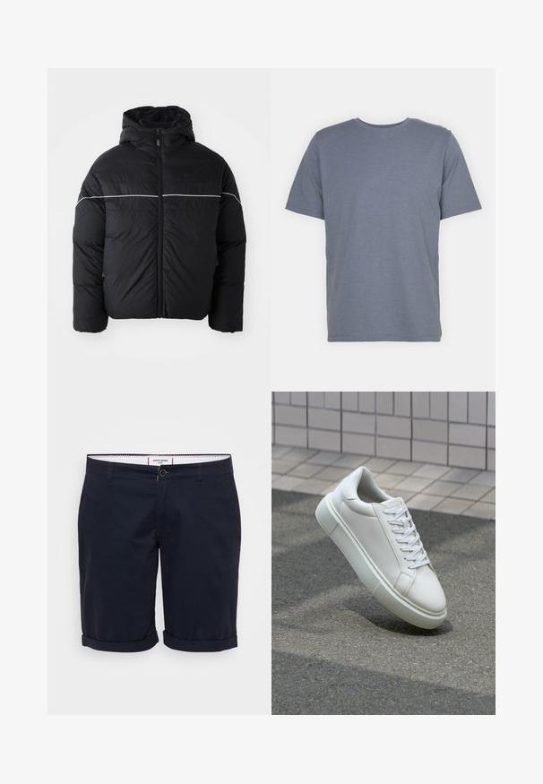 Schwarze gepolsterte Jacke mit Kapuze, ausgestattet mit einem Reißverschluss auf der Vorderseite und einem weißen horizontalen Streifen über der Brust. Glattes Material mit mattem Finish.; Graues T-Shirt mit kurzen Ärmeln und Rundhalsausschnitt, aus weichem Baumwollmixstoff gefertigt. Schlichtes Design, keine Muster oder Akzente.; Marineblaue Shorts aus Baumwollstoff, mit flachem Frontschnitt, aufgerollten Säumen und einem einzelnen Knopfverschluss vorne.; Weiße Leder-Sneaker mit glatter Oberfläche, runder Zehenpartie und flachen weißen Schnürsenkeln. Verfügt über eine strukturierte Gummisohle und minimalistische Designelemente.