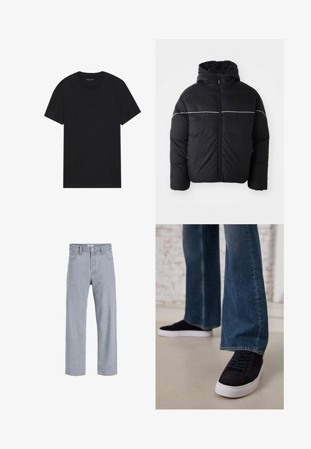 Crna puf jakna s kapuljačom, koja ima prednji patentni zatvarač i bijelu horizontalnu prugu preko prsa. Glatka tkanina s mat završnom obradom.; Crna pamučna majica kratkih rukava s okruglim ovratnikom. Tkanina ima glatku teksturu i jednostavan, jednobojan dizajn.; Svijetloplave traperice s opuštenim krojem, ravnim nogavicama, vidljivim šavovima, dva prednja džepa i kopčanjem na gumb.; Tamno plave ante bluze tenisice s bijelim gumam potplatom i vezicama, u kombinaciji s trapericama širokih nogavica u srednje plavoj boji.