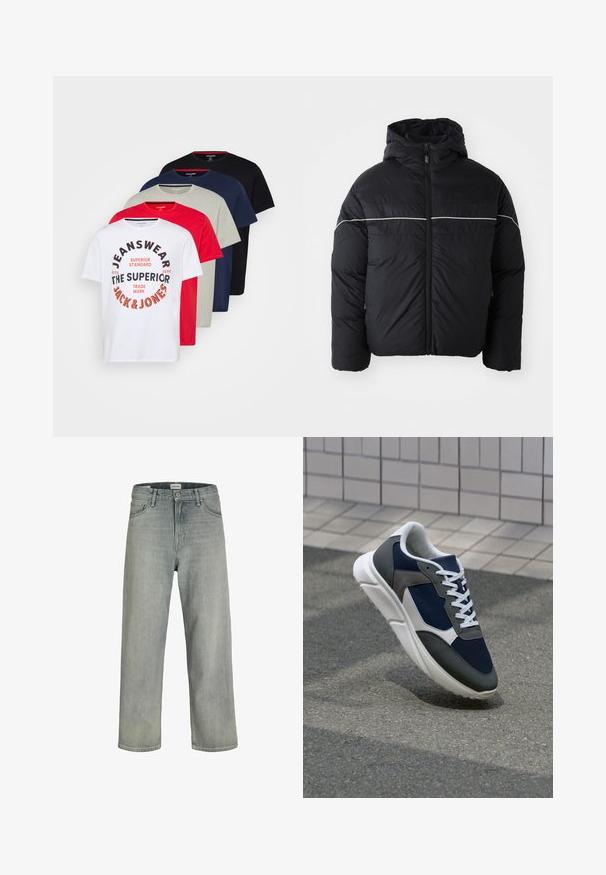 Black padded jacket with a hood, featuring a front zipper and white horizontal stripe across the chest. Smooth fabric with a matte finish.; Five crew-neck t-shirts in white, red, gray, navy, and black; features graphic text on the white shirt; cotton material, short sleeves.; Light gray, loose-fitting jeans made of denim. Features a classic five-pocket design, belt loops, and a straight leg silhouette.; Sneaker featuring a navy blue mesh upper, gray suede accents, white rubber sole, and flat white laces, designed for comfort and breathability.