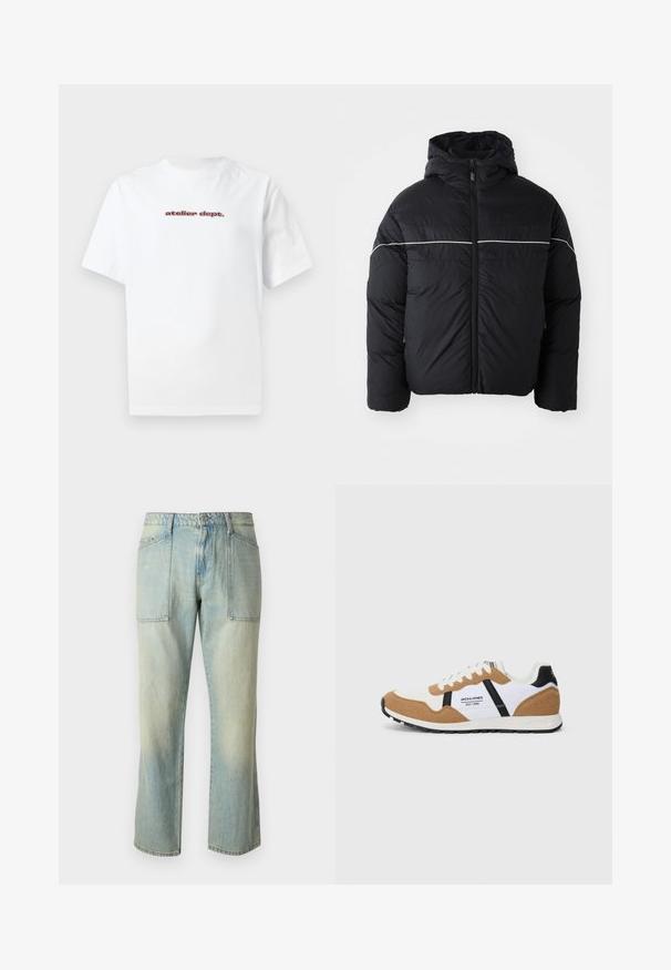 Svart polstret jakke med hette, med glidelås foran og hvit horisontal stripe over brystet. Glatt stoff med matt finish.; Hvit bomull t-skjorte med korte ermer og rund hals, med rød tekst "atelier dept." trykket på fronten. Enkelt design.; Lyseblå denimjeans med rett benutskjæring, synlige sømmer og to store frontlommer. Stoffet har en falmet tekstur.; Retro-inspirert sneaker med hvit, tan semsket skinn, svarte detaljer, hvite snørebånd og "Jack & Jones EST. 1990" logo på siden.