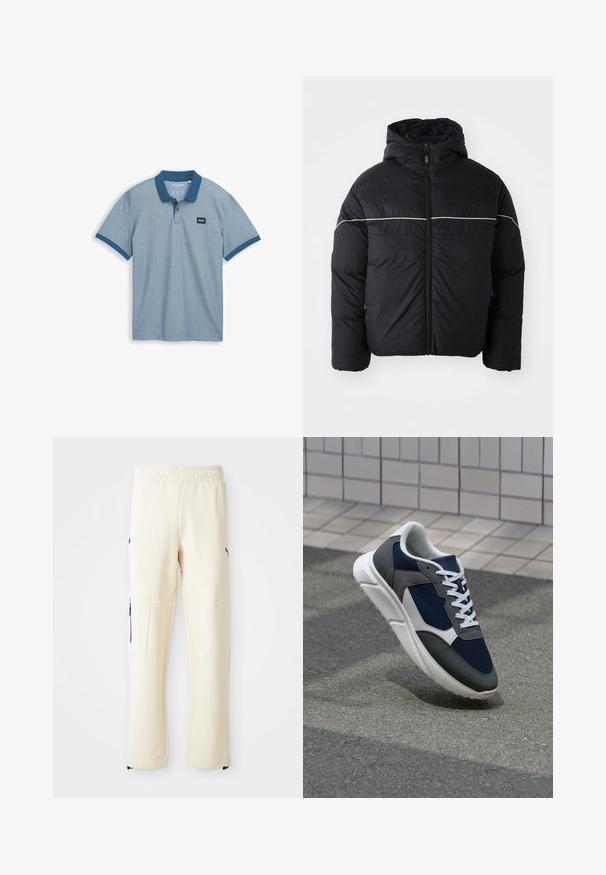 Černá prošívaná bunda s kapucí, vybavená předním zipem a bílým vodorovným pruhom přes hruď. Hladká látka s matným povrchem.; Světle modré polo tričko s jednobarevným námořnickým límcem, krátkými rukávy a malou textilní nálepkou na hrudi, vyrobené z texturované bavlněné tkaniny.; Světlé béžové tepláky vyrobené z měkké látky. Mají černé logo, postranní kapsy na zip a uvolněný střih.; Tenisky s horní částí z námornicky modré síťoviny, šedými semišovými akcenty, bílou gumovou podrážkou a plochými bílými tkaničkami, navržené pro pohodlí a prodyšnost.