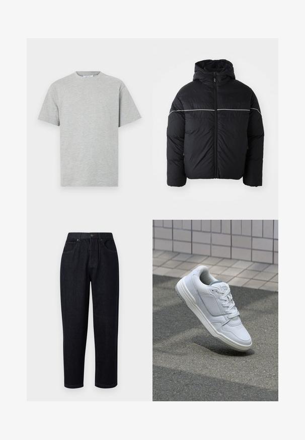 Mustat vuoratut takki hupulla, jossa on etuvetoketju ja valkoinen vaakasuora raita rinnassa. Sileä kangas matte-finishilla.; Harmaa puuvillapaita, jossa on pyöreä kaula-aukko, lyhyet hihat ja rento malli. Sujuva rakenne, jossa ei ole näkyviä kuvioita tai muita yksityiskohtia.; Tummansiniset farkut, joissa on rento leikkaus. Niissä on nappi- ja vetoketjukiinnitys, kaksi etutaskua ja ompelusarjat.; Valkoinen nahkakengät, joissa on rei'itetyt sivut, teksturoituja yksityiskohtia, tasaiset nauhat ja erottuva harmaa kanta. Varrella on hieman kohotettu pohja.