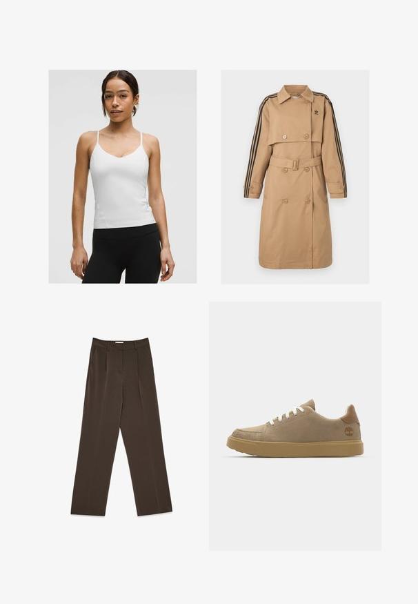 Beige trench coat, mille topelt rinnaga disain, mustad kolme triibu aktsendid varrukatel, vööga talje ja klassikaline krae.; Valge kampsun peenikeste rihmadega, V-kujuline kaelus ja keha lähedane siluett. Sile tekstuur, minimaalne detailitus, kanda mustade retuusidega.; Pruunid laiad püksid voldikutega, millel on tasane esiosa ja küljetaskud. Sile tekstuur, kohandatud disain ja keskmise kõrgusega vöökoht.; Beez suede spordijalatsid valgete paeltega, rubberist pruun tald ning pruuni nahkdetailiga kontsapadi, millel on küljes logo.