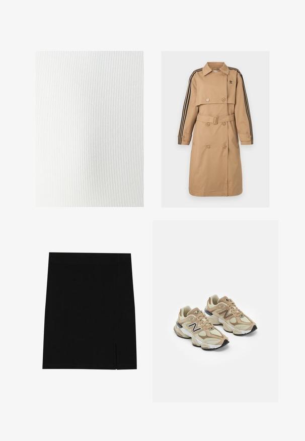 Beige trench coat with a double-breasted design, black three-stripe accents on sleeves, a belted waist, and a classic collar.; White ribbed fabric with a soft texture, featuring vertical lines and a smooth finish. Suitable for various clothing applications.; Black mini skirt made of soft fabric with a fitted design, featuring a slight slit on the side for added detail.; Beige sneakers with mesh and suede materials. Features a black logo and textured accents. Thick white midsole and black rubber outsole.