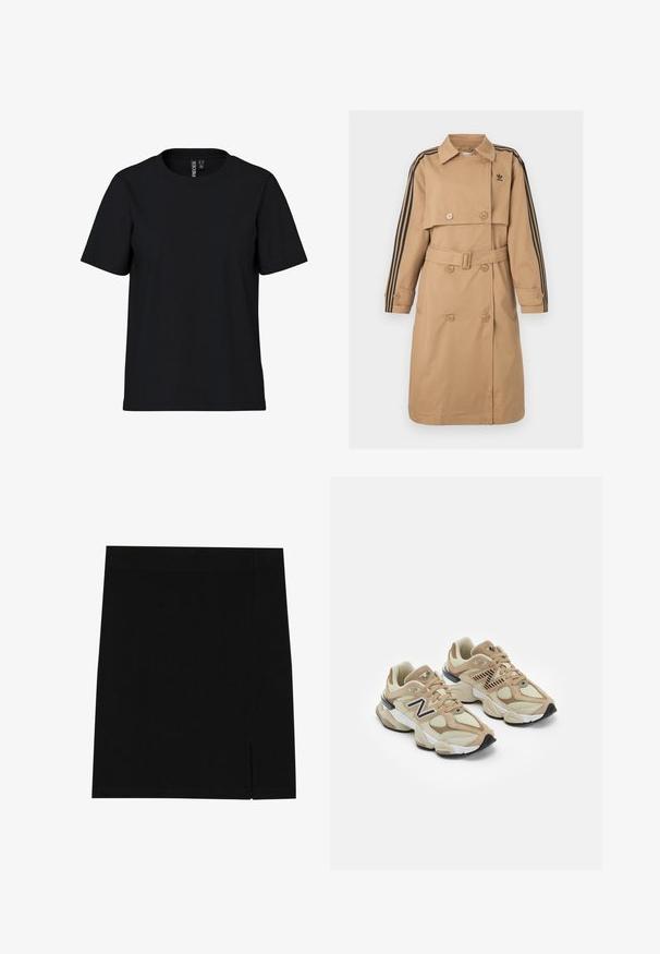 Gabardina beige con un diseño de doble botonadura, acentos negros de tres rayas en las mangas, una cintura ceñida con cinturón y un cuello clásico.; Camiseta negra de manga corta hecha de tela suave con escote redondo. Diseño simple sin patrones ni acentos, corte recto en el dobladillo.; Mini falda negra de tejido suave con un diseño ajustado, que presenta una ligera abertura en el costado para mayor detalle.; Zapatillas beige con materiales de malla y ante. Presenta un logo negro y acentos texturizados. Suela media blanca gruesa y suela exterior negra de goma.