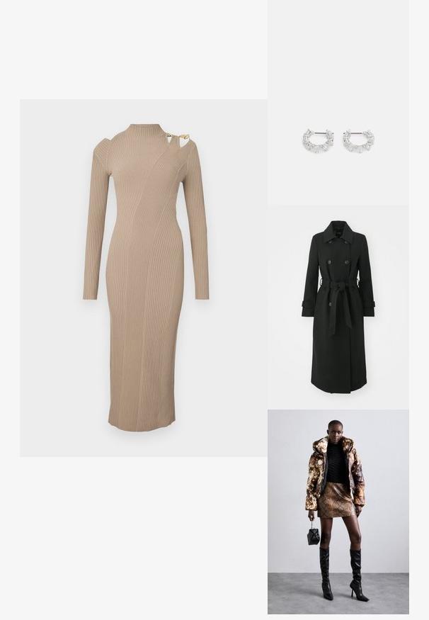 ONLY ONLLUCIE LIFE - Klasisks mētelis - black; Ilgiem piedurknēm, ribots midi kleita bēšā krāsā ar augstu kaklu un izgriezumu plecu detaļām, ar zelta aparatūras akcentiem.; Puffa jaka ar brūnu un melnu rakstu, kombinēta ar brūnu čūskas raksta mini svārkiem, melniem līdz ceļgala zābakiem un mazu melnu somiņu.; Sudraba auskari ar apaļām gredzeniem, kuriem ir caurspīdīgi, taisnstūra un trīsstūra formas kristāli, sakārtoti rakstainā dizainā. Ar stiprinājuma tapas drošai fiksēšanai.