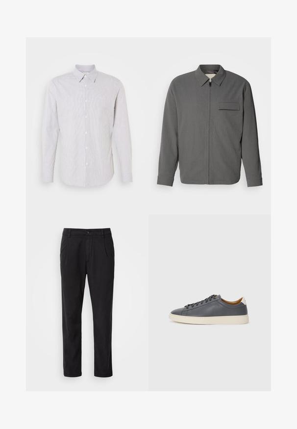 Siva jakna na patent s teksturiranom tkaninom. Ima ovratnik i džep na prsima. Dugi rukavi sa manžetama.; Košulja dugih rukava sa ovratnikom u bijeloj boji sa uskim plavim prugama, s gumbima sprijeda i malim logotipom na prsima.; Crne hlače od glatke tkanine s ravnim krojem, prednjim nabora i kopčanjem na gumbe u struku.; Sivi kožni tenisice s okruglim vrhom, gumeni potplat, ravne vezice i svijetlo obojeni detalji na peti. Glatka tekstura i minimalistički dizajn.