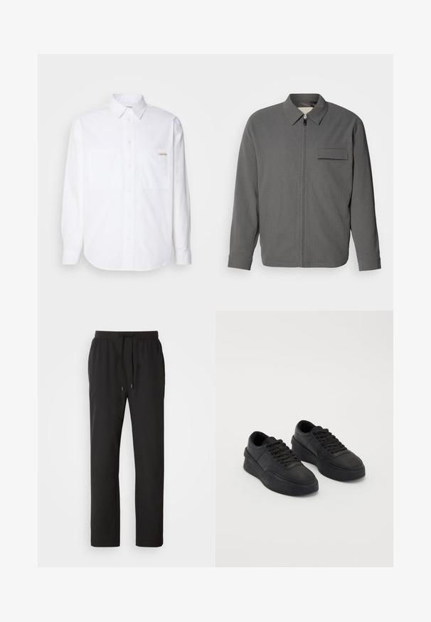 Siva jakna na zipping z teksturirano tkanino. Ima ovratnik in žep na prsih. Dolgi rokavi z zaključenimi konci.; Bela srajca z dolgimi rokavi, zaprta na gumb, narejena iz bombaža. Ima dve žepni mest, ukrivljen rob in majhen zlat logotip na levem žepu.; Črne trenirke iz lahkega materiala, z elastičnim pasom in nastavljivimi vrvicami ter stranskimi žepi. Gladka tekstura.; Črne teniske iz gladkega usnja z oblazinjeno podplatom. Lastnosti vključujejo ravne vezalke, perforacije na konici ter eleganten silhuet.