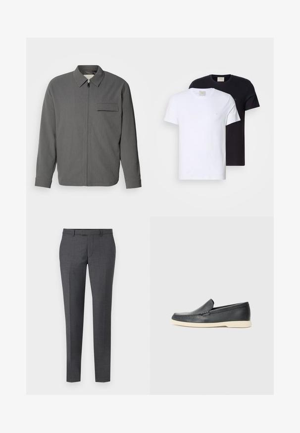 Szürke, cipzáros dzseki textúrált anyagból. Gallér nélküli nyakkivágással és mellzsebből áll. Hosszú ujjak, mandzsettás végzéssel.; Két kerek nyakú póló, az egyik fehér, a másik fekete, puha pamutból készült. Mindkettő egyszerű mintájú, és egy apró logó található rajtuk a mellkasnál.; Szürke, szabott nadrág sima felülettel, egyenes szabással, lapos elejével és övhurkokkal. Finom kockás mintázattal és gyűrődéssel az elején.; Fekete bőr, slip-on stílusú loaferek, texturált felülettel és kontrasztos bézs gumitalppal. A frontrészén finom díszítéssel rendelkezik.