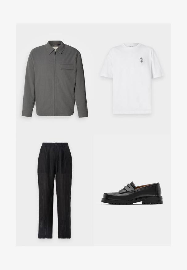 Grå zip-up jakke med teksturert stoff. Har kragehals og brystlomme. Lange ermer med mansjettfeller.; Hvit bomull t-skjorte med avslappet passform, med en liten svart grafisk logo på venstre brystområde. Korte ermer, rund hals.; Svarte, plissert bukser med teksturert, mønstret stoff. Har elastisk midjebånd og knappelukking, rett ben design.; Svart skinnloafers har en hevet søm, to dekorative stropper på oversiden, og en tykk teksturert såle for bedre grep.