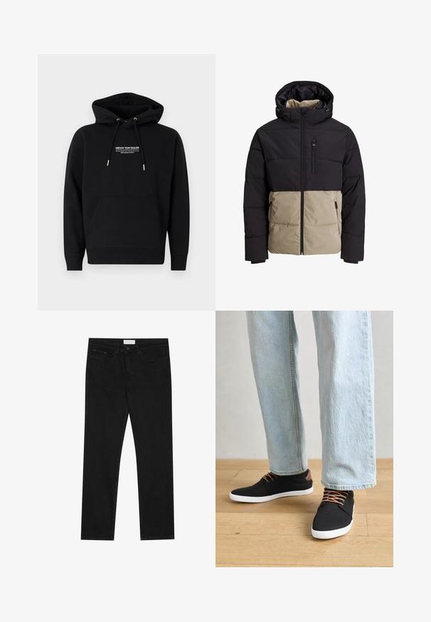 Pildīts sportsjakas augšējā daļa ir melna, bet apakšējā daļa ir bēša. Tai ir kapuce, priekšējais rāvējslēdzis un sānu kabatas. Tekstūrēts audums.; Melna kapuce, kas izgatavota no kokvilnas maisījuma auduma. Ietver priekšējo kangaroo kabatu, kapuci ar auklu un balto apdrukāto logo uz krūtīm. Standarta izmērs.; Melni taisnie džinsi ar piecu kabatu dizainu, pogu un rāvējslēdzēja aizdari, un Pier One zīmola uzlīmi uz jostasvietas.; Melnas auduma čības ar brūniem akcentiem, baltām gumijas zolēm un brūnām šņorēm, kombinētas ar gaiši ziliem taisnajiem džinsiem. Koka grīdas fons.