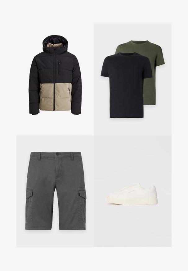 Padded jacket with a black upper section and beige lower section. Features a hood, front zipper, and side pockets. Textured fabric.; Two crew-neck t-shirts in black and olive green, made of soft cotton fabric. The design is simple with short sleeves and a straight cut.; Gray cargo shorts with side pockets, made of durable fabric, featuring a button closure and belt loops. Smooth texture, knee-length design.; White slip-on sneakers with a textured surface, a thick sole, and minimalistic design. Features brand logo on the side.