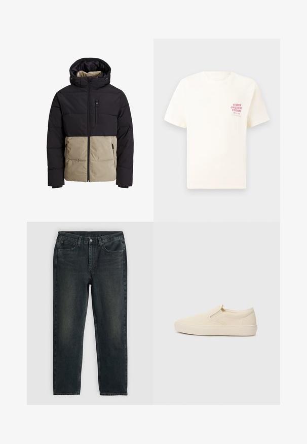 Chaqueta acolchada con una sección superior negra y una sección inferior beige. Cuenta con capucha, cremallera frontal y bolsillos laterales. Tela texturada.; Camiseta blanca de manga corta con el texto rojo "Edición de Studio Originals" en el lado izquierdo del pecho, exhibida sobre un fondo gris neutro.; Vaqueros de mezclilla azul oscuro con un corte recto, que cuentan con cinco bolsillos, una cremallera en la bragueta y costuras en contraste. Ligera decoloración en la tela.; Zapatos tipo slip-on beige hechos de lona con suela de goma. Presentan acentos elásticos en los laterales y una textura suave. Diseño simple y redondeado.