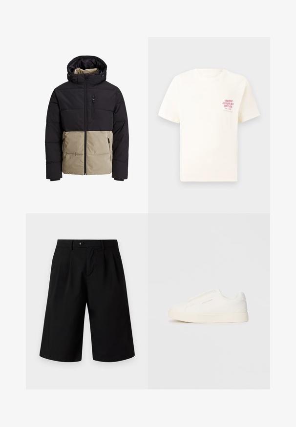 Veste rembourrée avec une partie supérieure noire et une partie inférieure beige. Comprend une capuche, une fermeture éclair à l'avant et des poches latérales. Tissu texturé.; T-shirt blanc à manches courtes avec le texte rouge "Édition Originals du Studio" sur la poitrine gauche, présenté sur un fond gris neutre.; Jack & Jones JPSTBILL FLINT - Short - black; Baskets blanches sans lacets avec une surface texturée, une semelle épaisse et un design minimaliste. Présente le logo de la marque sur le côté.
