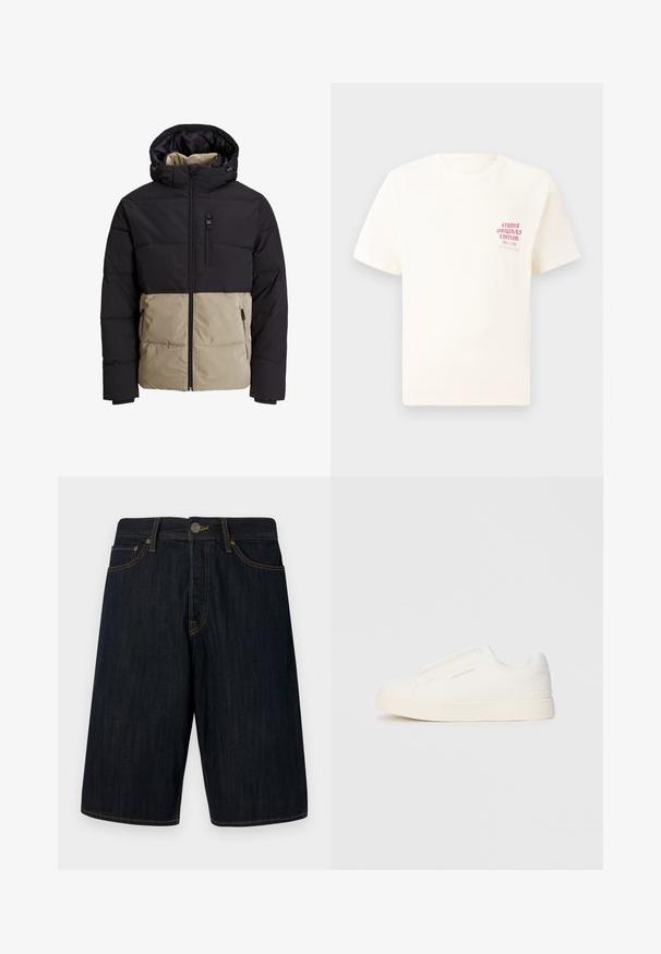 Vaatteena on pehmustettu takki, jossa on musta yläosa ja beige alaosa. Takissa on huppu, etuvetoketju ja sivutaskut. Kankaan pinta on teksturoitu.; Valkoinen lyhythihainen t-paita, jossa on punainen teksti "Studio Originals Edition" vasemmalla rinnalla, esitetty neutraalilla harmaalla taustalla.; Tummat farkkuhousut suoran leikkauksen omaavina, joissa on keltaiset tikkaukset, viisi taskua ja etupainike. Sileä tekstuuri.; Valkoiset liukusukat, joissa on teksturoitu pinta, paksu pohja ja minimalistikot. Sivulla on brändin logo.