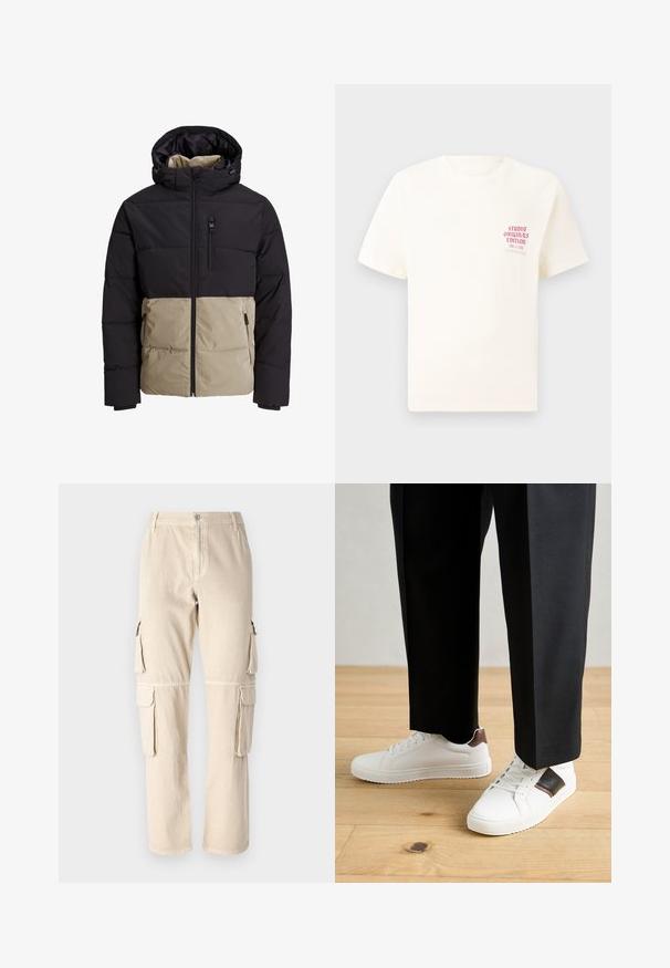 Vaatteena on pehmustettu takki, jossa on musta yläosa ja beige alaosa. Takissa on huppu, etuvetoketju ja sivutaskut. Kankaan pinta on teksturoitu.; Valkoinen lyhythihainen t-paita, jossa on punainen teksti "Studio Originals Edition" vasemmalla rinnalla, esitetty neutraalilla harmaalla taustalla.; Beige cargo-housut, jotka on valmistettu puuvillasta. Ominaisuuksiin kuuluu sivutaskut, suora lahkeiden muotoilu ja nappikiinnitys vyötäröllä. Yksinkertaiset ompeluyksityiskohdat.; Valkoiset tennarit, joissa on sileä pinta, ruskealla nahka-akentilla ja mustilla yksityiskohdilla, yhdistetty mustiin räätälöityihin housuihin. Taustalla puulattia.