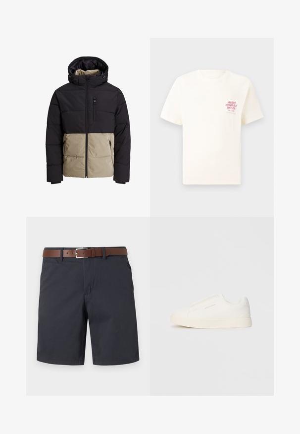 Vycpaná bunda s černou horní částí a béžovou dolní částí. Obsahuje kapuci, přední zip a boční kapsy. Texturovaná látka.; Bílý krátký rukávový tričko s červeným textem "Studio Originals Edition" na levé hrudi, vystavené na neutrálním šedém pozadí.; Tmavě námořnické šortky vyrobené z texturované látky, s hnědým koženým opaskem. Klasický střih s dvěma bočními kapsami a hladkým lemem.; Bílé slip-on tenisky s texturovaným povrchem, silnou podešví a minimalistickým designem. Na boku je umístěno logo značky.