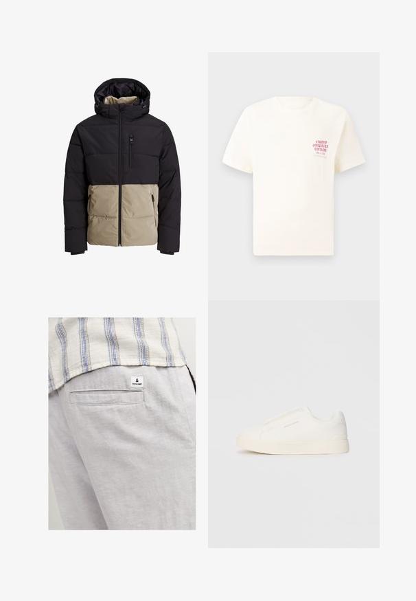 Giacca imbottita con una parte superiore nera e una parte inferiore beige. Presenta un cappuccio, una cerniera frontale e tasche laterali. Tessuto testurizzato.; T-shirt bianco a maniche corte con testo rosso "Studio Originals Edition" sul lato sinistro del petto, esposto su uno sfondo grigio neutro.; Pantaloni di lino grigio chiaro con una tasca posteriore e un piccolo etichetta di marca. Il tessuto ha un aspetto morbido e texture.; Sneakers bianchi slip-on con superficie texturizzata, suola spessa e design minimalista. Presentano il logo del marchio sul lato.