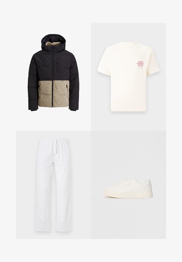 Jachetă căptușită cu o secțiune superioară neagră și o secțiune inferioară bej. Dispune de glugă, fermoar frontal și buzunare laterale. Fabric texturat.; Tricou alb cu mânecă scurtă, având text roșu "Studio Originals Edition" pe partea stângă a pieptului, expus pe un fundal gri neutru.; Pantaloni din bumbac alb, uşori, cu talie elastică şi şnur; au picioare late şi o suprafaţă netedă, fără textură.; Tenisi albi slip-on cu o suprafață texturată, talpă groasă și un design minimalist. Prezintă logo-ul brandului pe lateral.