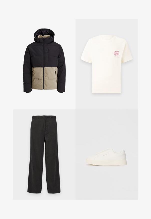 Padded jacket with a black upper section and beige lower section. Features a hood, front zipper, and side pockets. Textured fabric.; White short-sleeve T-shirt with red text "Studio Originals Edition" on left chest, displayed on a neutral gray background.; Black corduroy pants with a wide-leg design, featuring vertical ribbed texture, a zip fly with button closure, and front pockets.; White slip-on sneakers with a textured surface, a thick sole, and minimalistic design. Features brand logo on the side.