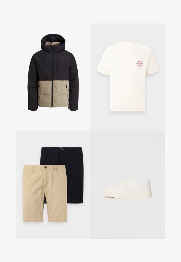 Veste rembourrée avec une partie supérieure noire et une partie inférieure beige. Comprend une capuche, une fermeture éclair à l'avant et des poches latérales. Tissu texturé.; T-shirt blanc à manches courtes avec le texte rouge "Édition Originals du Studio" sur la poitrine gauche, présenté sur un fond gris neutre.; Deux paires de shorts, l'une beige et l'autre noire, en coton. Les deux présentent un bouton, un devant plat et sont conçus pour arriver au genou.; Baskets blanches sans lacets avec une surface texturée, une semelle épaisse et un design minimaliste. Présente le logo de la marque sur le côté.