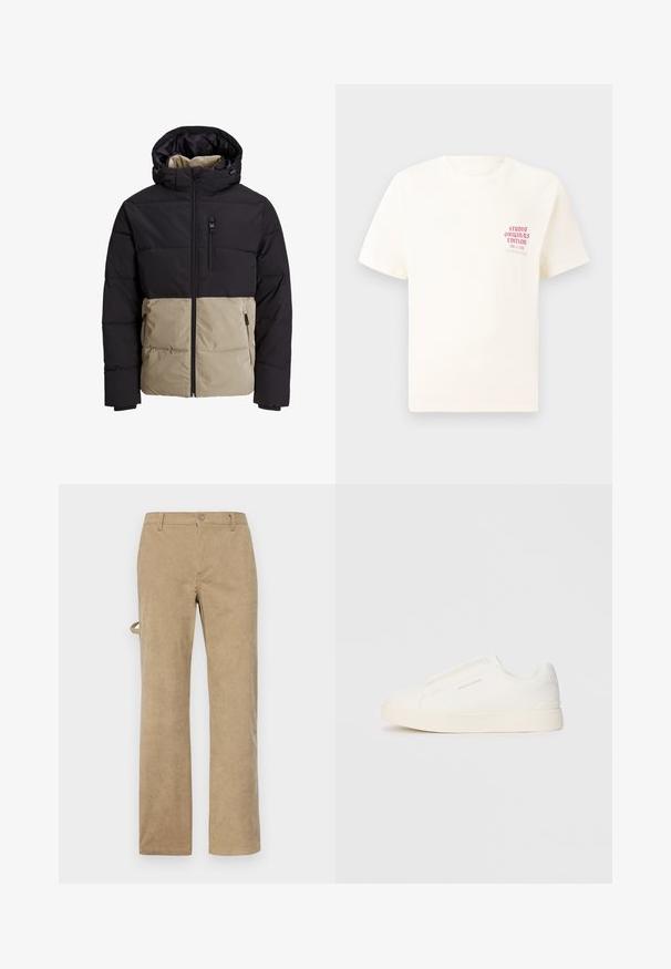 Padded bunda s čiernou hornou časťou a béžovou spodnou časťou. Obsahuje kapucňu, predný zips a bočné vrecká. Textúrovaná tkanina.; Biele tričko s krátkym rukávom s červeným textom "Studio Originals Edition" na ľavej hrudi, zobrazené na neutrálnom šedom pozadí.; Béžové kordové nohavice so rovný strihom, s predným zapínaním na gombík a pútkami na opasok. Textúrovaná tkanina s vertikálnymi pruhmi.; Biele slip-on tenisky s textúrovaným povrchom, hrubou podrážkou a minimalistickým dizajnom. Obsahuje logo značky na boku.
