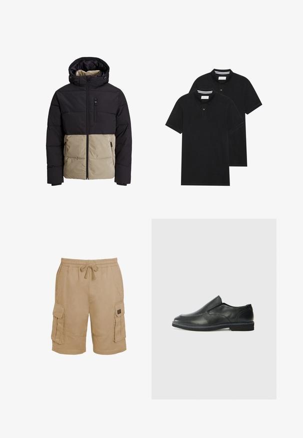 Polsterdatud jakk, millel on must ülemine osa ja beež alumine osa. Omab kapuutsi, frontaalset tõmblukk ja küljetaskuid. Tekstuuriga kangas.; Kaks musta polo särki, lühikeste varrukatega, puuvillane materjal, klassikalise kraega, kahe nupuga kinnitusega, valgete triipudega krae sisepinnal.; Beežist puuvillasest kangaüleriie lühikesed püksid, millel on elastne vöökoht, pael ja mitmed küljetaskud. Tekstureeritud kangas koos õmblustega detailidega.; Must musta laia suuga king, millel on sile ülemine osa, õmmeldud detailid, ümmargune nina ja madal kummist konts. Tallal on minimaalne mustr.