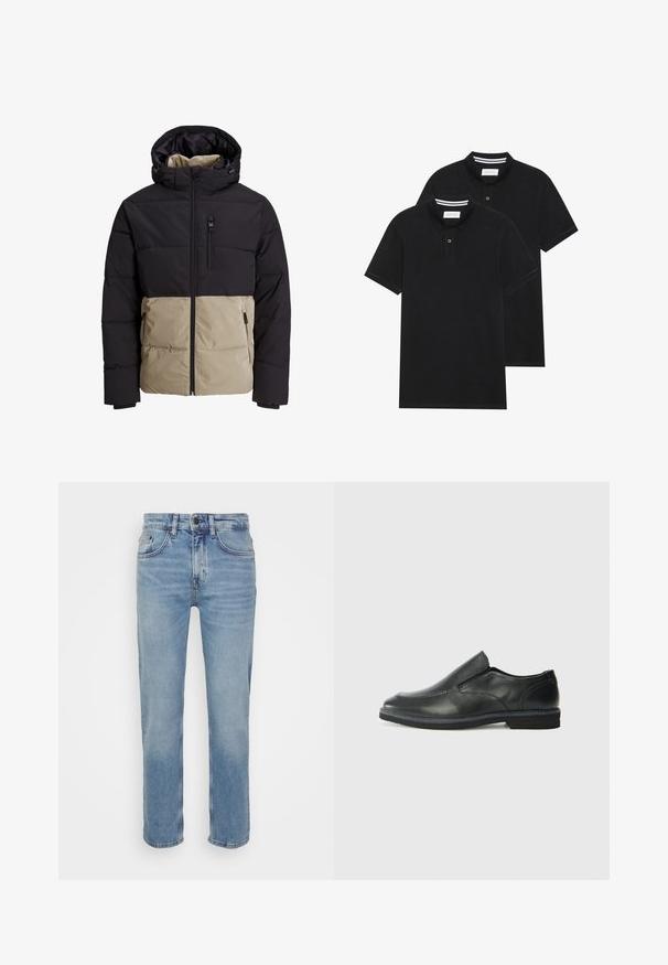 Ocieplana kurtka z czarną górną częścią i beżową dolną częścią. Posiada kaptur, zamek błyskawiczny z przodu oraz boczne kieszenie. Teksturowany materiał.; Dwie czarne koszulki polo z krótkim rękawem, wykonane z materiału bawełnianego, z klasycznym kołnierzykiem, z zapięciem na dwa guziki oraz białymi paskami wewnątrz kołnierza.; Jasnoniebieskie dżinsy o prostym kroju nogawki, pięcioma kieszeniami i kontrastowym szwem. Klasyczne zapięcie na guzik i zamek błyskawiczny w pasie.; Czarne skórzane buty wsuwane z gładką cholewką, przeszyciami, okrągłym noskiem i niskim gumowym obcasem. Podeszwa ma minimalny bieżnik.