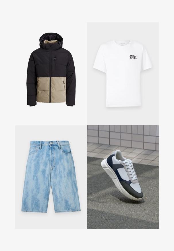 Podložena jakna z zgornjim delom v črni barvi in spodnjim delom v bež barvi. Ima kapuco, sprednji zadrgo in stranske žepe. Teksturna tkanina.; Bela bombažna majica, kratki rokavi, okrogla izreza. Na levi strani prsnega dela se nahaja črn logotip "JACK & JONES". Preprost, enostaven dizajn.; Svetlo modri jeans kratki hlače z izblenenim pranjem, z običajnim pasom, sprednjimi žepki in ohlapnim krojem. Brez vidnih vzorcev ali kovinskih delov.; Bela, mornarsko modra in siva športna obutev z mešano materialno zasnovo, ki vključuje teksturirano zgornji del, ravne vezalke in oblazinjen podplat.