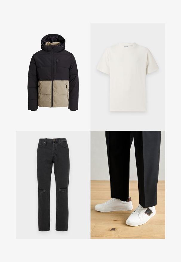 Paminkštintas džemperis su juodu viršutiniu skyriumi irbej belos apatinės dalies. Yra gobtuvas, priekinių užtrauktukas ir šoninės kišenės. Raštuota medžiaga.; Balta trumpa rankovė T-polo marškinėlių su juostelėmis tekstūra. Apvalus iškirpimas, laisvas fasonas, jokių matomų raštų ar akcentų. Paprastas ir universalus dizainas.; Juodos džinsinės kelnės su suplėšytais keliais, penkių kišenių dizainas, tiesus kirpimas ir subtilus siuvimo kontrastas.; Balti sportbačiai su glotnia danga, puošti rudais odiniais akcentais ir juodais detalėmis, derinami su juodais pritaikytais kelnėmis. Medinių grindų fonas.