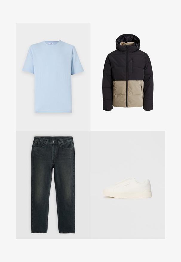 Ocieplana kurtka z czarną górną częścią i beżową dolną częścią. Posiada kaptur, zamek błyskawiczny z przodu oraz boczne kieszenie. Teksturowany materiał.; Jasnoniebieska koszulka z krótkim rękawem, wykonana z miękkiej bawełny. Posiada okrągły dekolt oraz luźny krój, o gładkiej fakturze i bez widocznych wzorów.; Granatowe dżinsy o prostym kroju, wyposażone w pięć kieszeni, z zamek błyskawicznym i kontrastowym przeszyciem. Subtelne wyblaknięcie na materiale.; Białe sneakersy wsuwane z teksturowanej powierzchni, grubą podeszwą i minimalistycznym designem. Zawierają logo marki z boku.