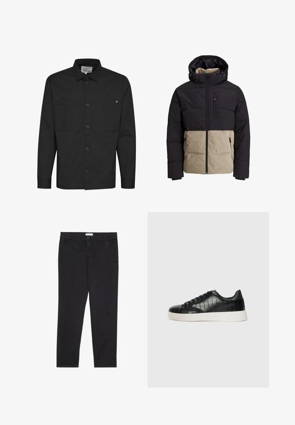 Paminkštintas džemperis su juodu viršutiniu skyriumi irbej belos apatinės dalies. Yra gobtuvas, priekinių užtrauktukas ir šoninės kišenės. Raštuota medžiaga.; Juodas ilgomis rankovėmis marškinėliai su sagų užsegimu priekyje, dviem krūtinės kišenėmis ir smailiu apykakliu. Pagaminti iš lygaus audinio su matinio paviršiaus apdaila.; Juodos medvilnės kelnės su siauru pjūviu, turinčios dvi šonines kišenes ir priekinį mygtuko užsegimą. Audinys tekstūruotas su subtiliomis detalėmis.; Juodi sportiniai batai su tekstūruotu krokodilo odos pamušalu, apvalia kojų dalimi ir kontrastinga balta guma su lygiu paviršiumi.