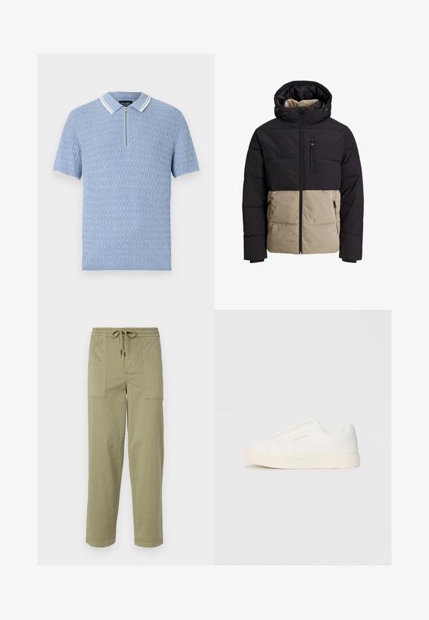 Padded bunda s čiernou hornou časťou a béžovou spodnou časťou. Obsahuje kapucňu, predný zips a bočné vrecká. Textúrovaná tkanina.; Svetlo modrá polo košeľa s textúrovaným pleteným vzorom, s krátkymi rukávmi a zipsom na výstrihu. Zdobená kontrastným bielym pásikovaným golierom.; Svetlo olivové nohavice vyrobené z zmesi bavlny, s elastickým pásom na šnúrku a dvoma veľkými bočnými vreckami.; Biele slip-on tenisky s textúrovaným povrchom, hrubou podrážkou a minimalistickým dizajnom. Obsahuje logo značky na boku.