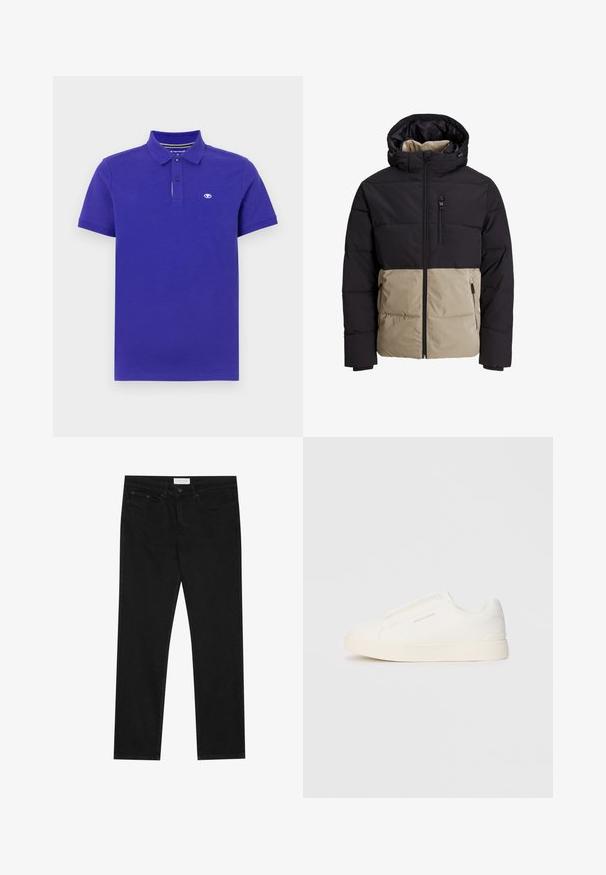 Ocieplana kurtka z czarną górną częścią i beżową dolną częścią. Posiada kaptur, zamek błyskawiczny z przodu oraz boczne kieszenie. Teksturowany materiał.; Koszulka polo w ciemnofioletowym kolorze, wykonana z bawełny, z plisą na dwa guziki, krótkimi rękawami i małym logo na lewej piersi. Miękka w dotyku.; Czarne jeansy straight-leg z pięcioma kieszeniami, zapięcie na guzik i zamek błyskawiczny oraz metka marki Pier One na pasku.; Białe sneakersy wsuwane z teksturowanej powierzchni, grubą podeszwą i minimalistycznym designem. Zawierają logo marki z boku.