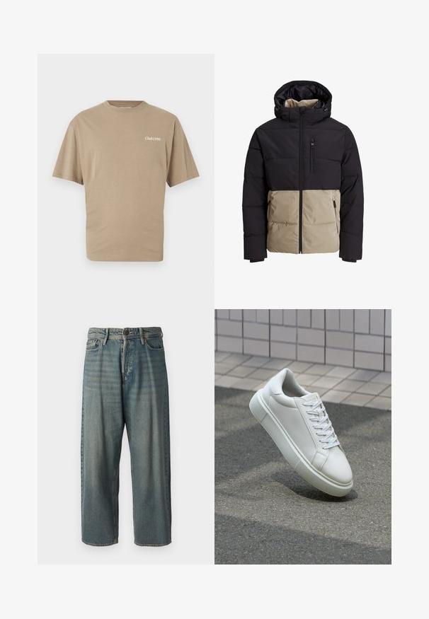 Paminkštintas džemperis su juodu viršutiniu skyriumi irbej belos apatinės dalies. Yra gobtuvas, priekinių užtrauktukas ir šoninės kišenės. Raštuota medžiaga.; Bežinė medvilnė marškinėliai trumpomis rankovėmis ir apvalia apykakle. Kairėje krūtinės pusėje baltu spalva yra užrašas "Club1990". Lygus paviršius, įprastas kirpimas.; Šviesiai mėlyni džinsai su laisvu siluetu, vidutinio aukščio juosmeniu ir tiesiomis kojomis. Su penkiais kišenėmis, diržo kilpo ir mygtukų uždarymu.; Balti odiniai sportbačiai su lygiu paviršiumi, apvalia nosimi ir plokščiomis baltomis raištelėmis. Yra tekstūruotas gumos padas ir minimalizmas dizaino elementuose.