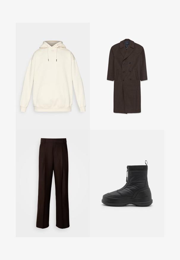 Divkāršais vilnas mētelis tumši brūnā krāsā ar sabiedroto apkakli, divām priekšējām kabatām un melnām pogām. Gluda tekstūra un pielāgota forma.; Krēmkrāsas džemperis, kas izgatavots no mīksta auduma, ar kangaroo kabatu, regulējamiem sašuvēm un ribotu piedurkņu galu, nodrošinot brīvu, ērtu fit.; Brūni pielāgoti bikses ar taisna kāja dizainu, ar priekšējo krokot, gludu tekstūru un klasisku jostu. Piemērotas oficiālām valkāšanai.; Melnas ūdensnecaurlaidīgas sniega zābaki ar gludu sintētisku virsu, rāvējslēdzēja aizdari, mīkstu apkakli un struktūru gumijas zoli. Akcentēts ar "MOON BOOT" zīmolu.